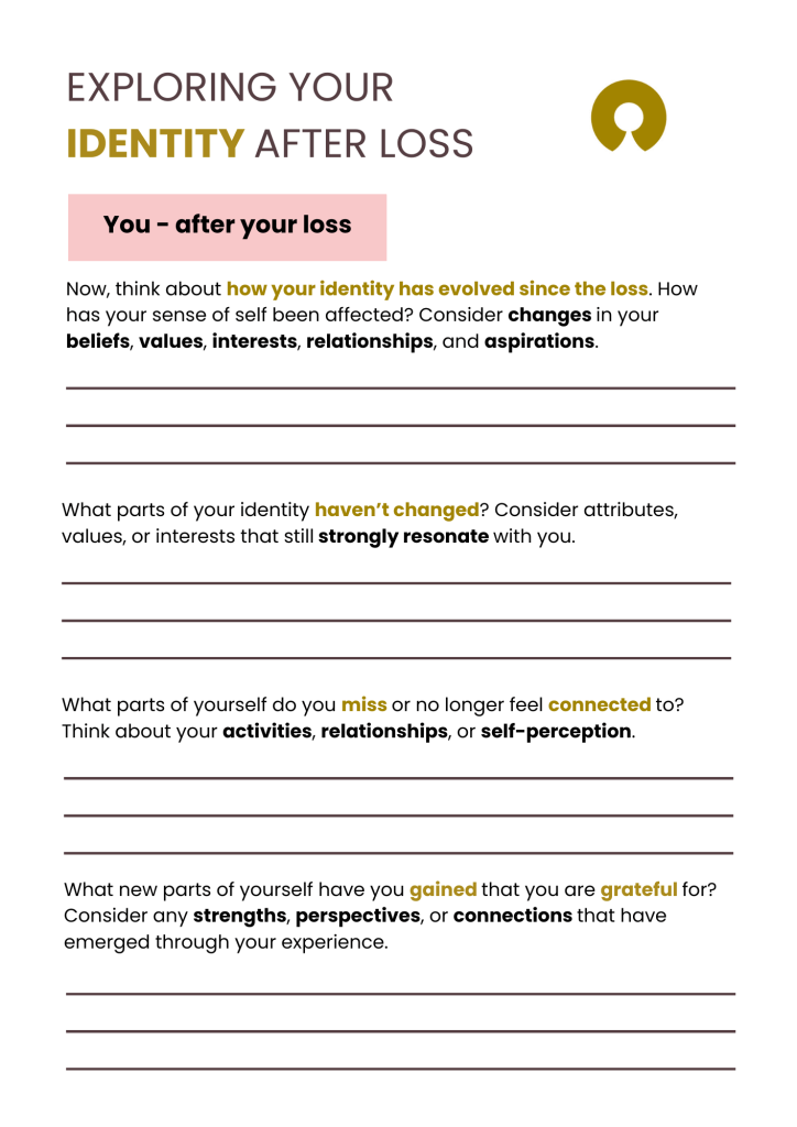 Bereavement identity worksheet prompting reflection on how loss can affect a person's sense of self, roles and relationships. The worksheet explores who someone was before their loss, who they are now, and how they can integrate their loved one's memory into their evolving identity.